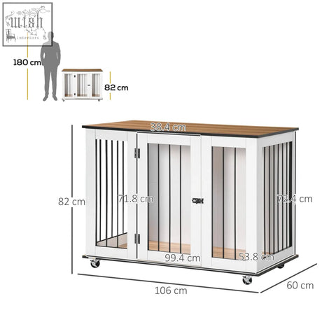 White pawhut dog crate with black bars wooden top and bottom panels and caster wheels for medium dogs