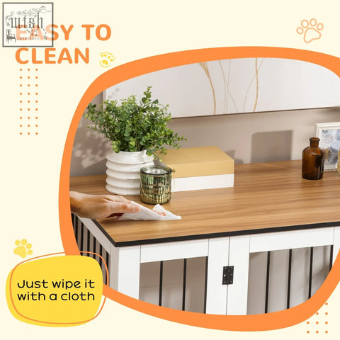 White wooden pawhut dog crate with black metal bars and smooth easy to clean surface for medium dogs