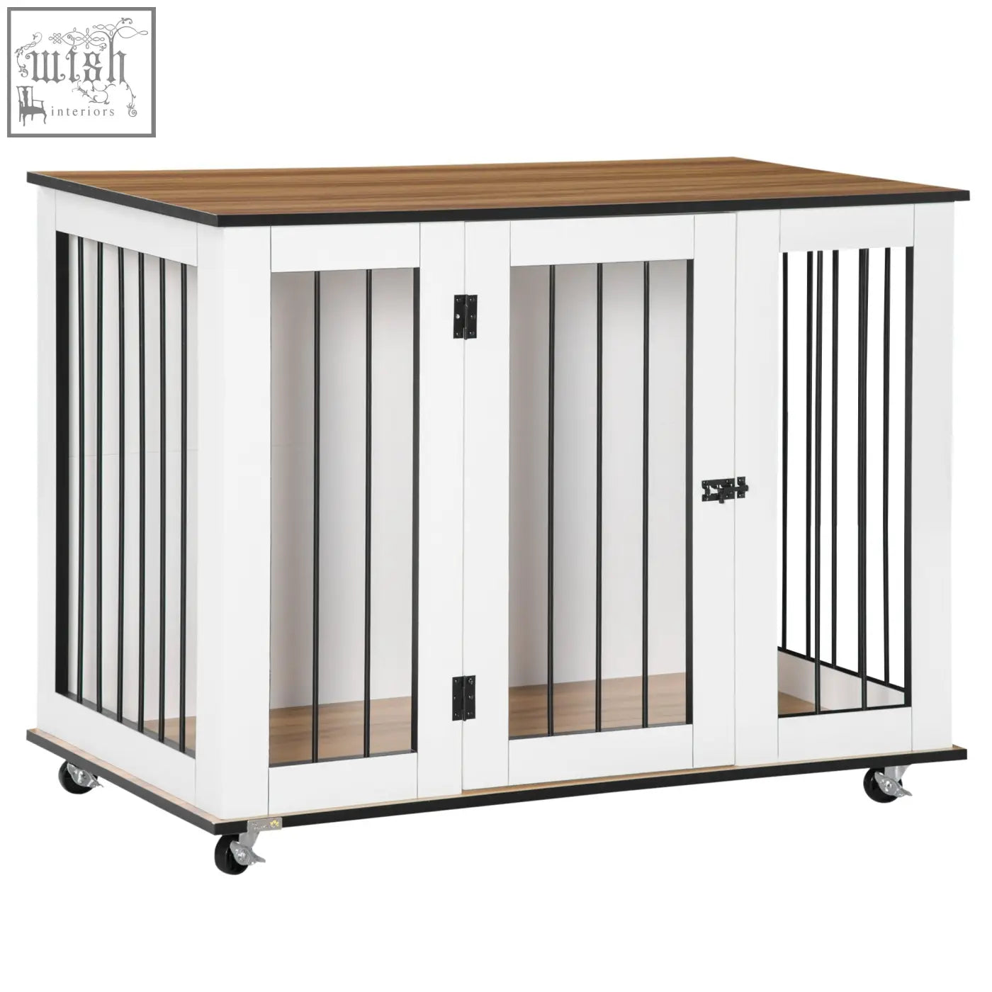 White and black metal pawhut dog crate with wooden panels sliding lockable door and caster wheels for medium dogs