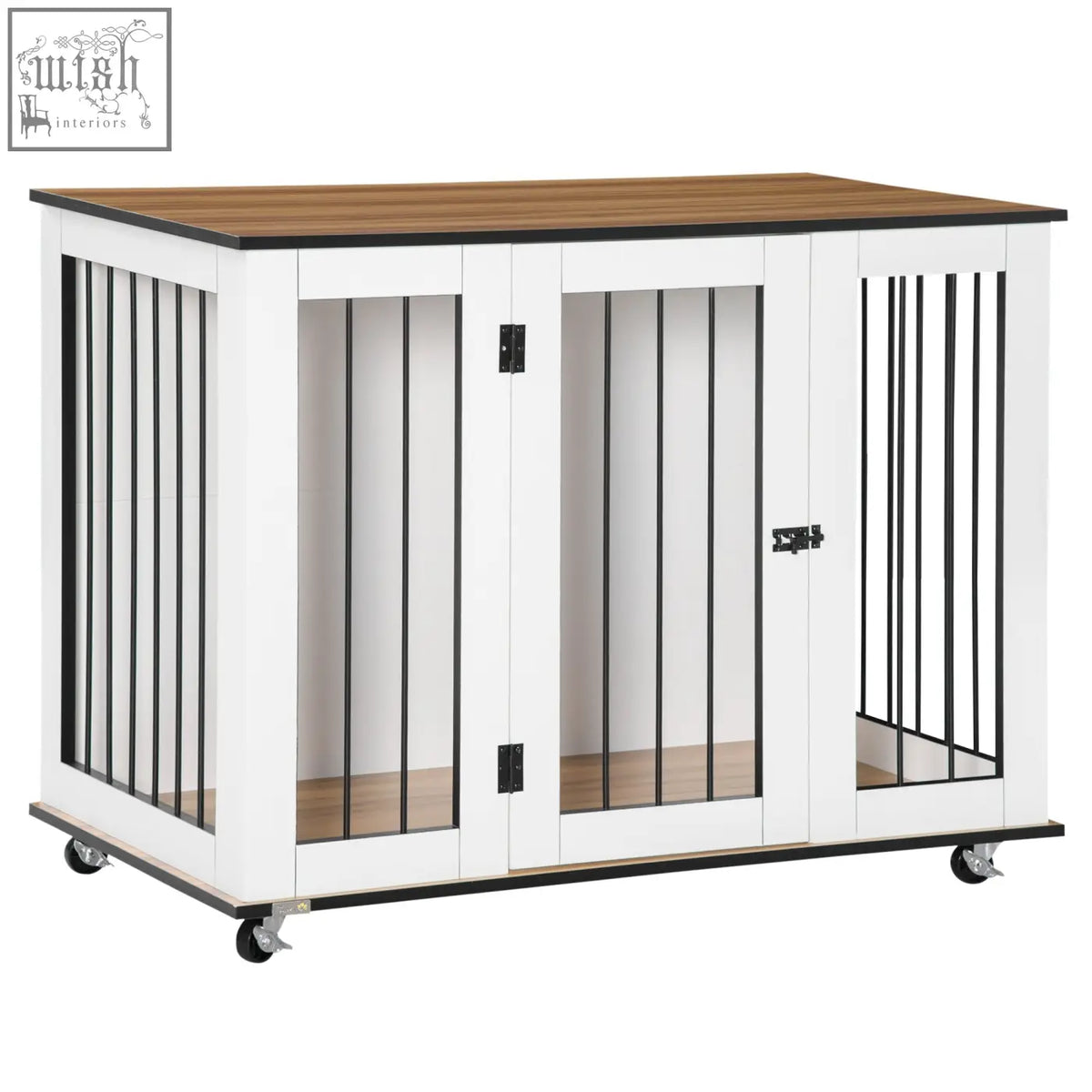 White and black metal pawhut dog crate with wooden panels sliding lockable door and caster wheels for medium dogs