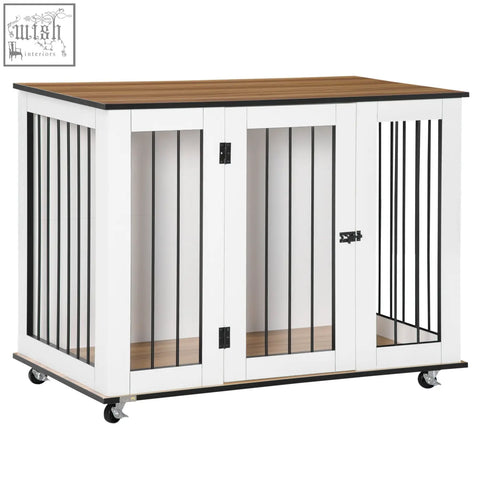 White and black metal pawhut dog crate with wooden panels sliding lockable door and caster wheels for medium dogs