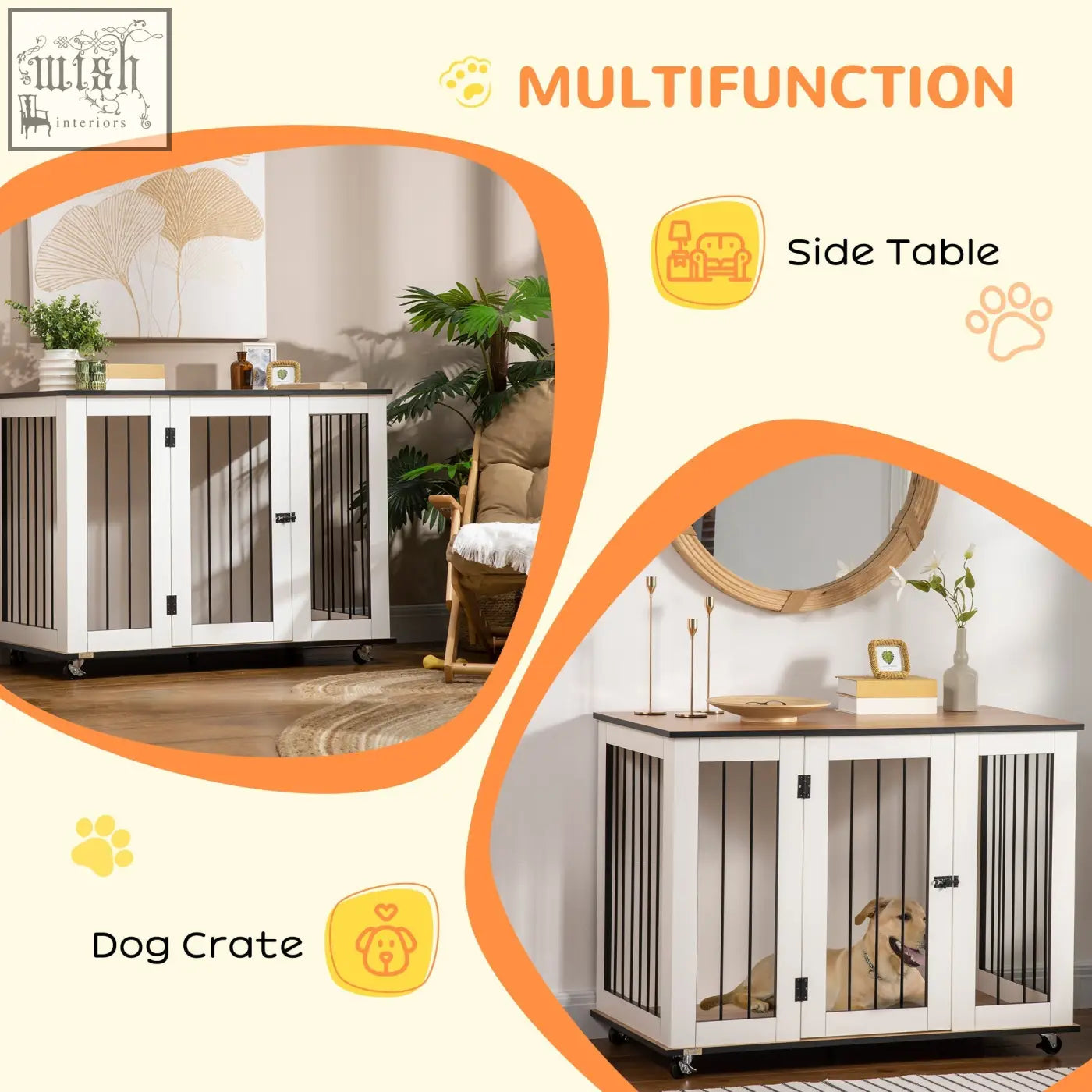 White pawhut dog crate with black vertical slats and casters used as a multifunctional side table for medium dogs