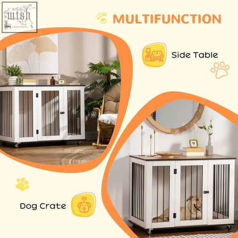White pawhut dog crate with black vertical slats and casters used as a multifunctional side table for medium dogs