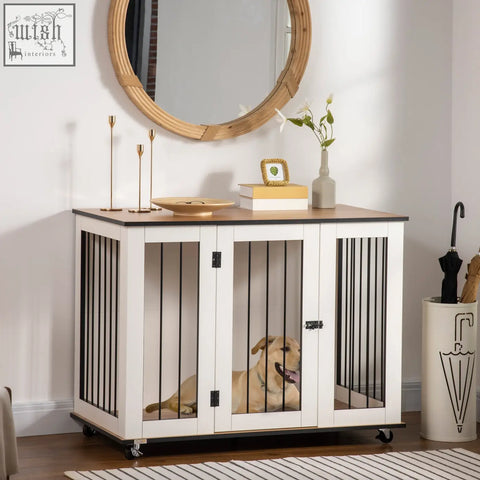White pawhut dog crate with black bars dark wood top two doors and caster wheels for medium dogs