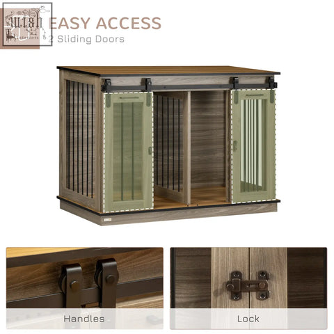 Rustic wooden pawhut dog cage with olive green sliding doors and black metal hardware for two small dogs