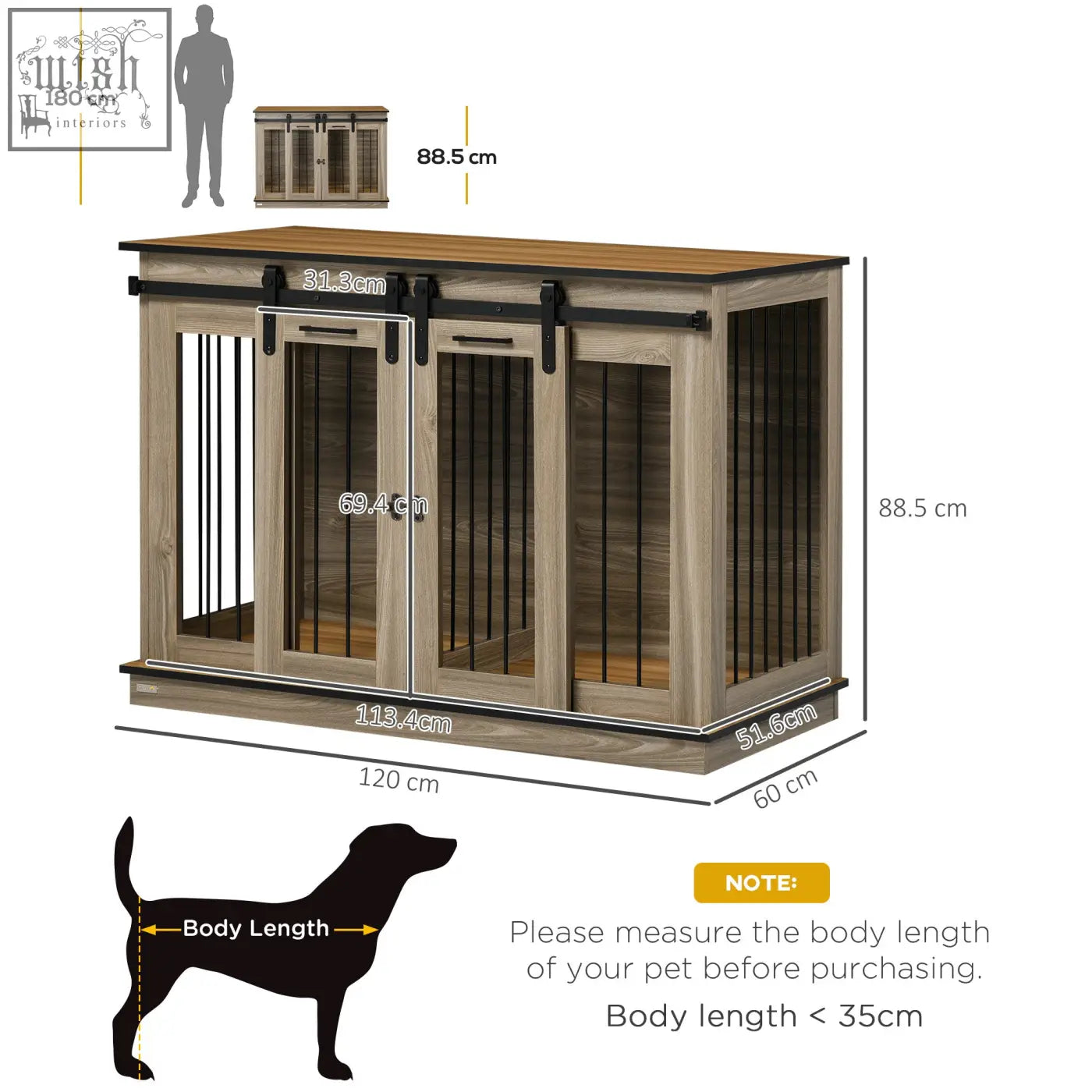 PawHut oak tone rustic wooden dog cage with black metal sliding doors for two small dogs or large dogs