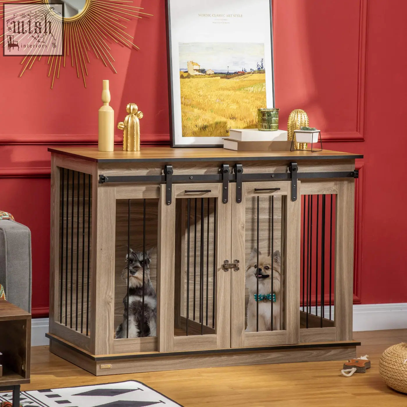 Rustic wooden pawhut dog crate with black metal sliding barn doors and vertical bars for two small dogs oak tone