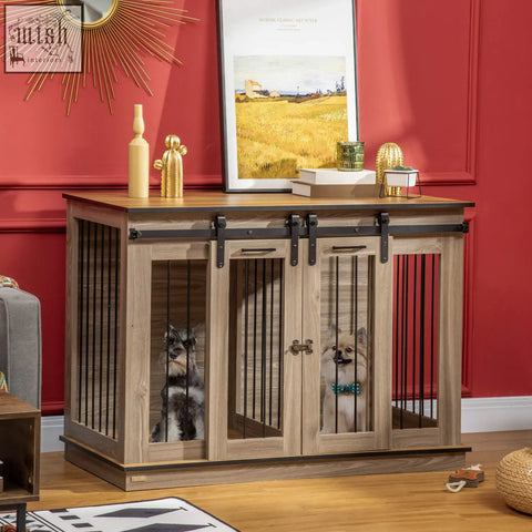 Rustic wooden pawhut dog crate with black metal sliding barn doors and vertical bars for two small dogs oak tone