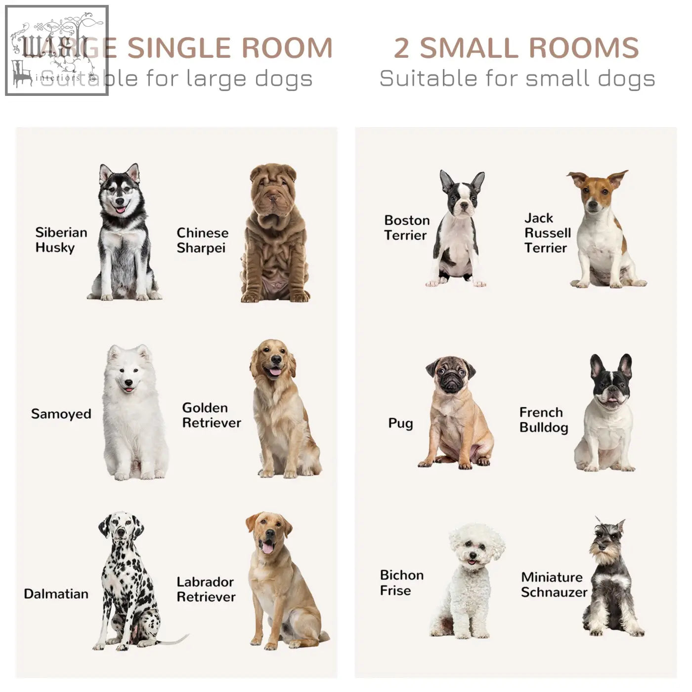 Chart showing size comparison of small dogs and large dogs for pawhut oak tone dog cage furniture with two small sliding doors