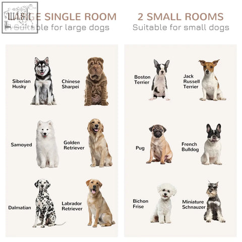 Chart showing size comparison of small dogs and large dogs for pawhut oak tone dog cage furniture with two small sliding doors