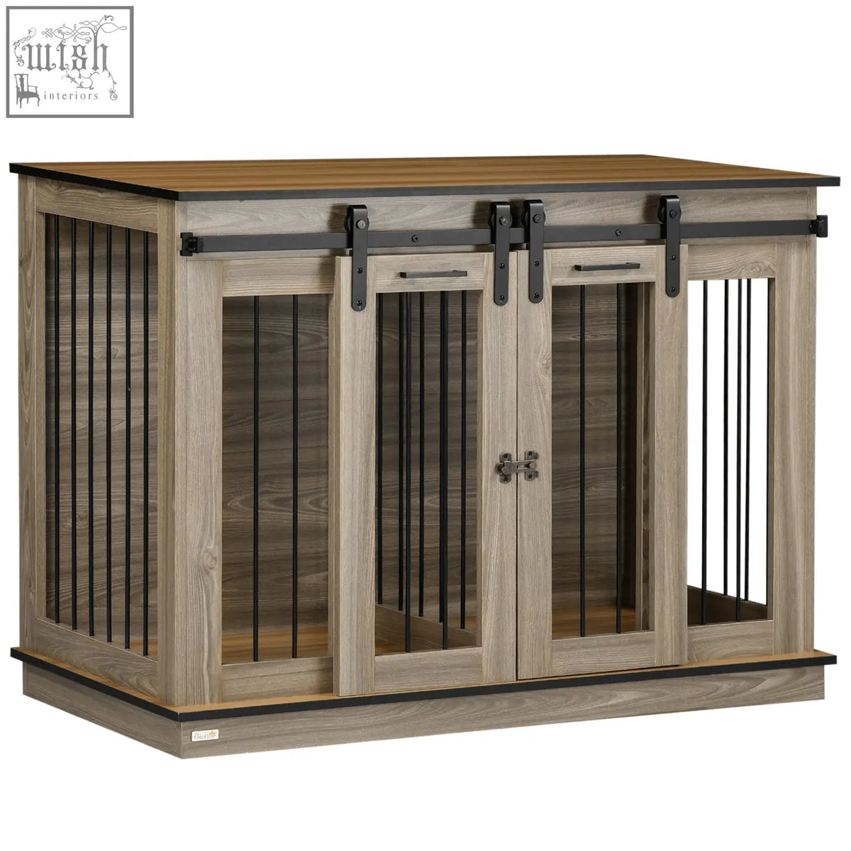 Gray wood dog cage with black metal sliding barn doors and vertical bars for two small dogs by pawhut