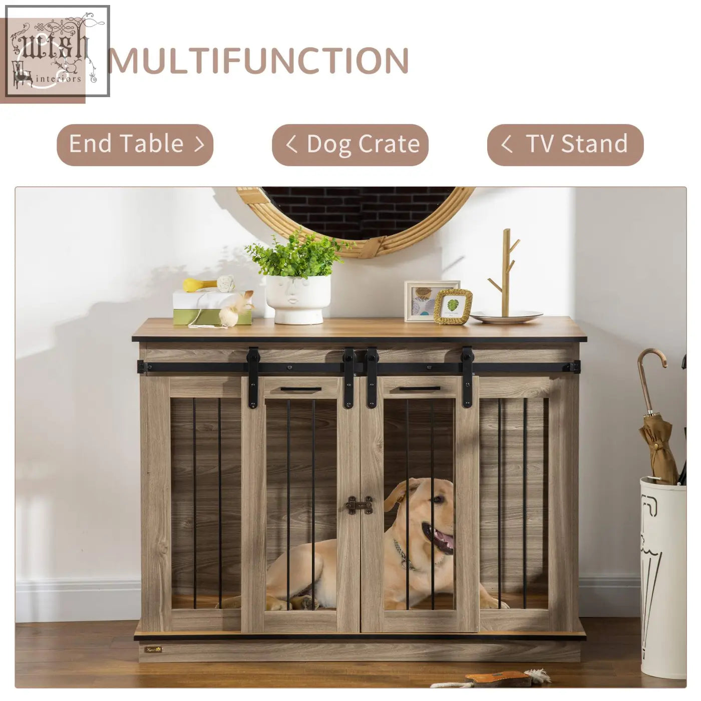 Light gray wood pawhut dog cage with black metal sliding barn doors and vertical bars for two small dogs