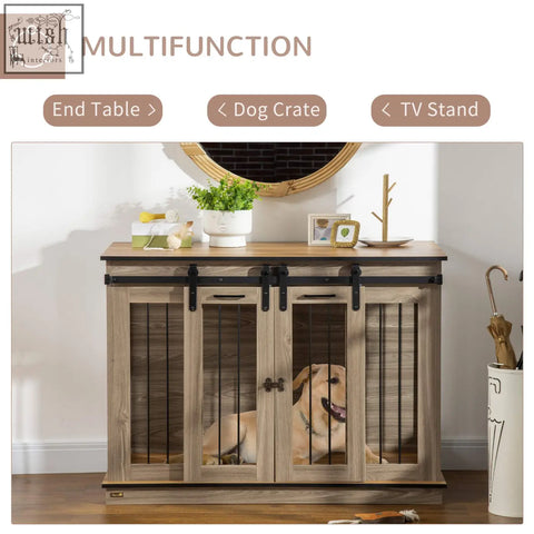 Light gray wood pawhut dog cage with black metal sliding barn doors and vertical bars for two small dogs