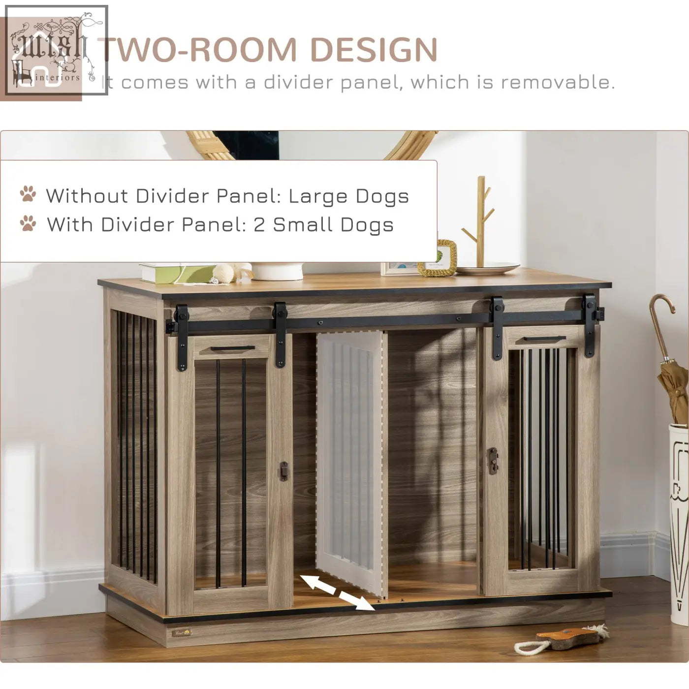 Rustic two-room dog crate with sliding doors in oak tone wood and black metal hardware for two small dogs or dog cage use