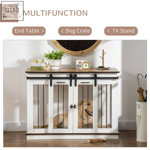 White wooden dog crate with black metal sliding barn doors and rustic top, perfect dog cage for two small dogs