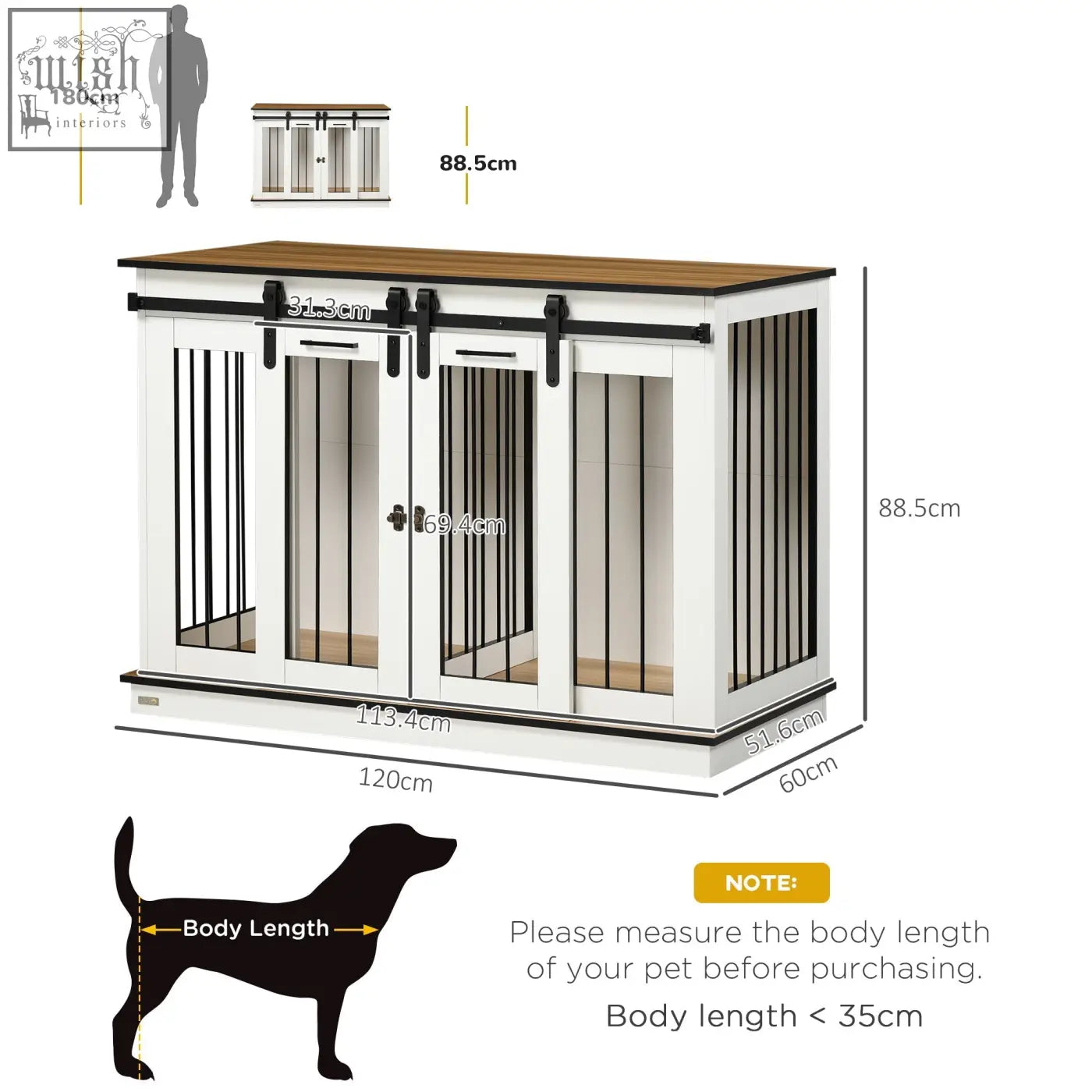 White pawhut dog cage with black metal bars and wooden top designed for two small dogs and large dogs use