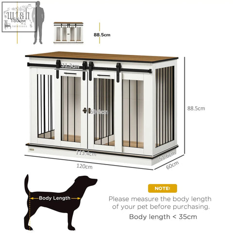 White pawhut dog cage with black metal bars and wooden top designed for two small dogs and large dogs use