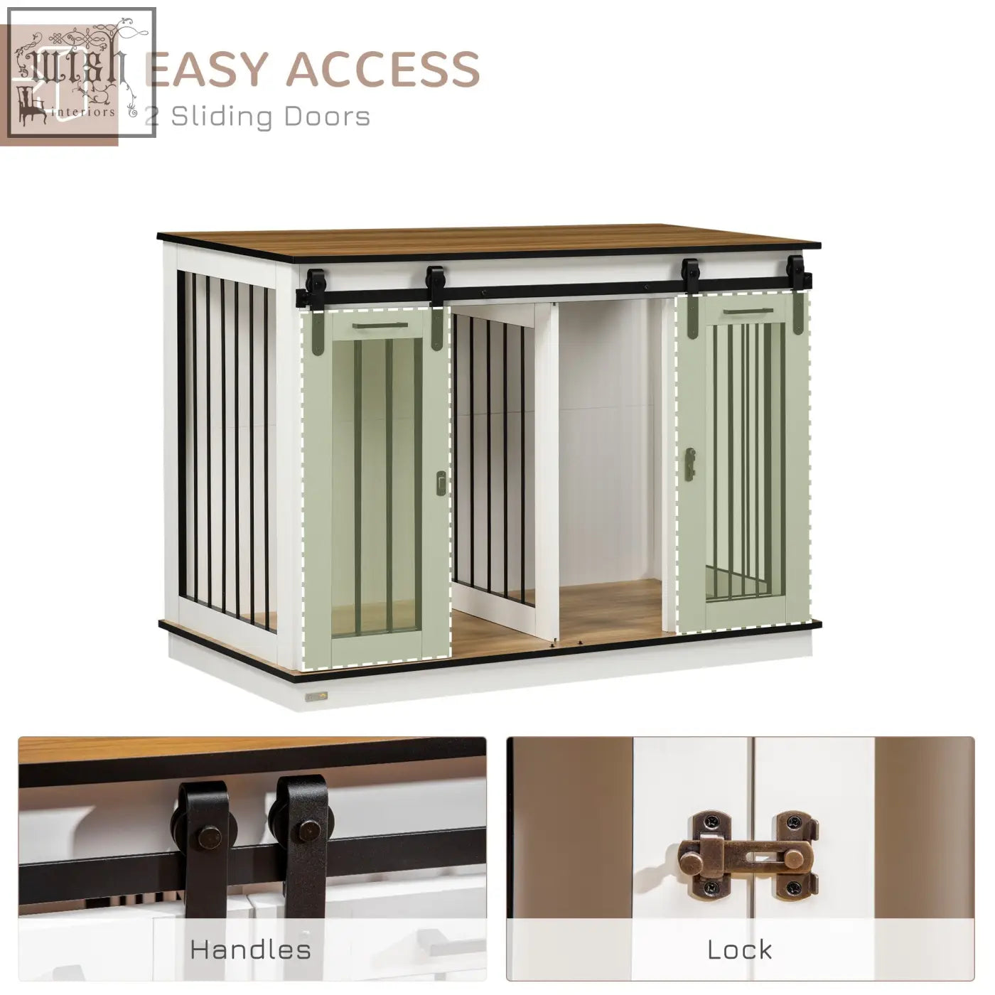 Pawhut dog crate furniture for large dogs with white and sage green wood top and black metal sliding doors for small dogs