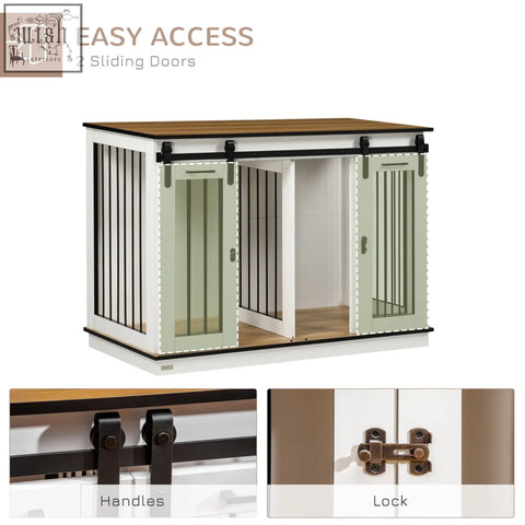 Pawhut dog crate furniture for large dogs with white and sage green wood top and black metal sliding doors for small dogs