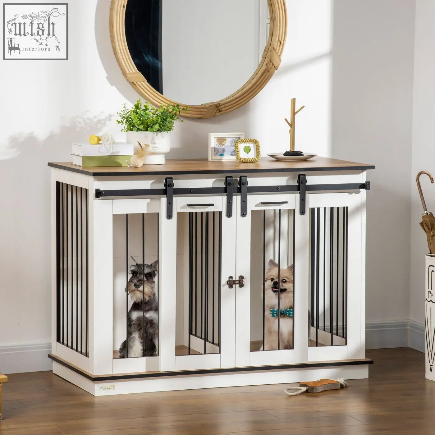 White PawHut dog cage with black metal bars and wooden top perfect for housing two small dogs or large dogs