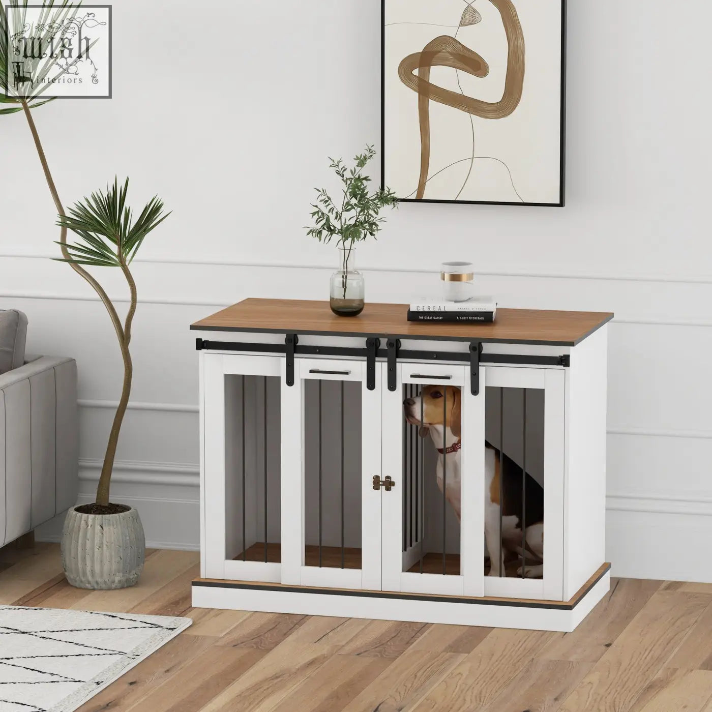 Pawhut white dog cage with wooden top and black sliding barn doors featuring glass panels for two small dogs