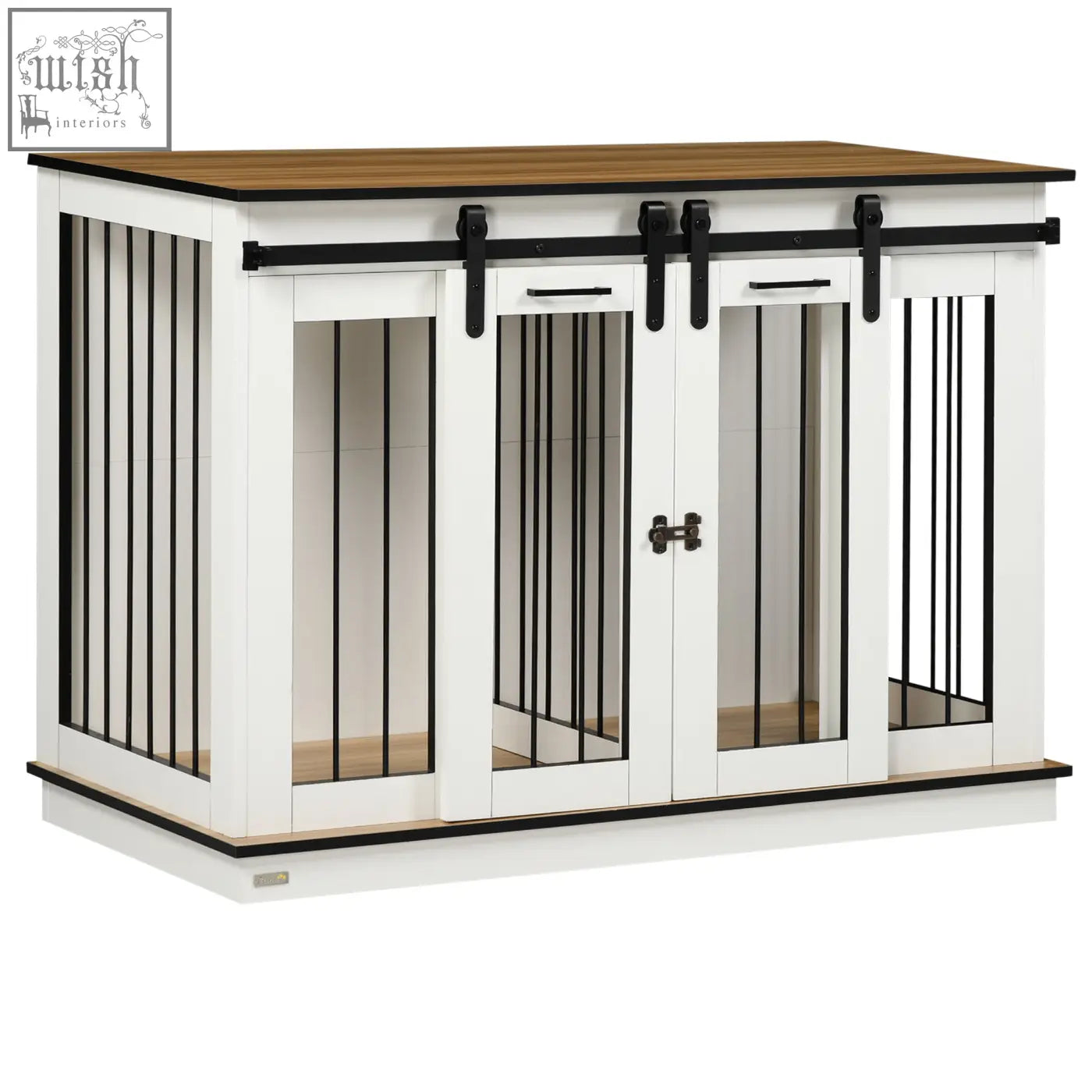 White dog cage with black metal sliding barn doors and wooden top for two small dogs by PawHut