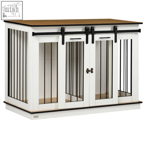 White dog cage with black metal sliding barn doors and wooden top for two small dogs by PawHut