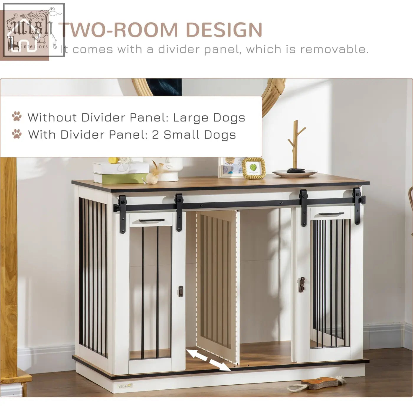 White and black pawhut dog crate furniture with sliding barn door hardware for two small dogs or dog cage setup