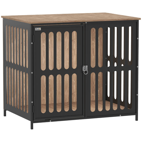 Black metal pawhut dog crate with wooden slats and two-in-one design for medium dogs 80 x 55 x 72 cm