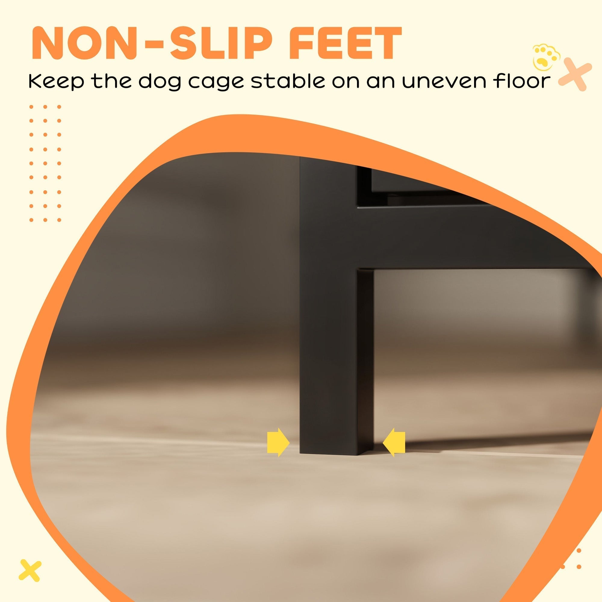 Black metal feet of pawhut dog crate with non-slip design for stability in two-in-one design on uneven floors