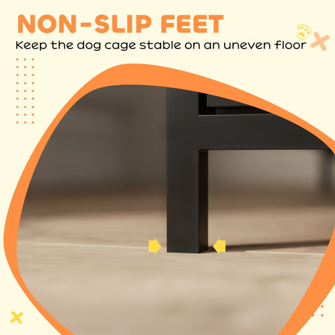 Black metal feet of pawhut dog crate with non-slip design for stability in two-in-one design on uneven floors