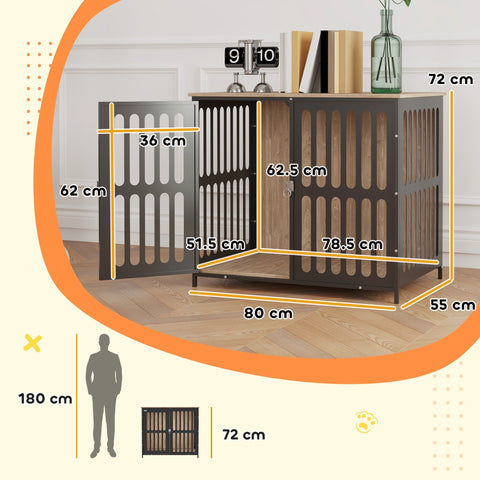 Black metal and wood pawhut dog crate with vertical slats two-in-one design and anti-chew mesh door open showing interior