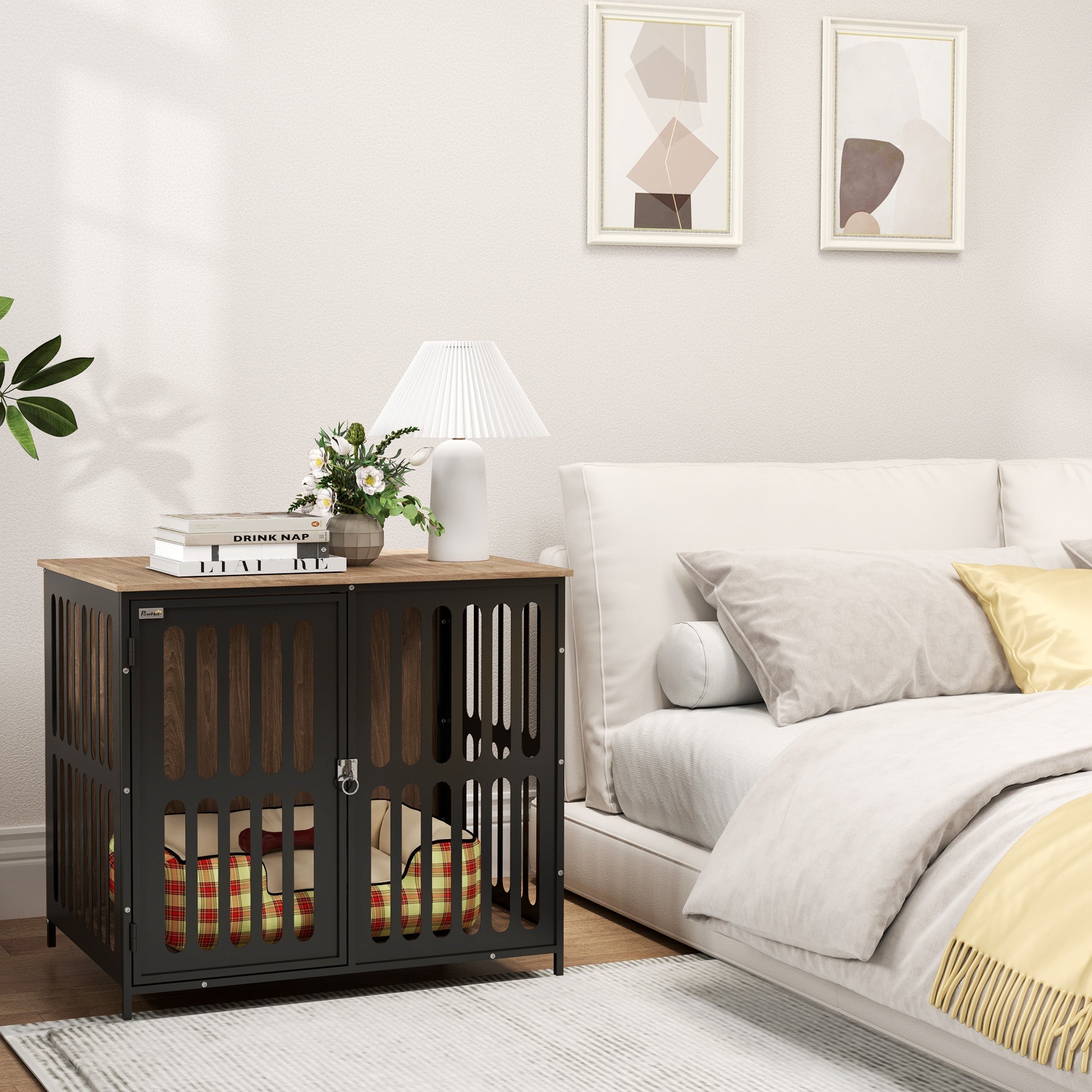 Pawhut dog crate two-in-one design with black metal and wood vertical slats and plaid cushion for medium dogs