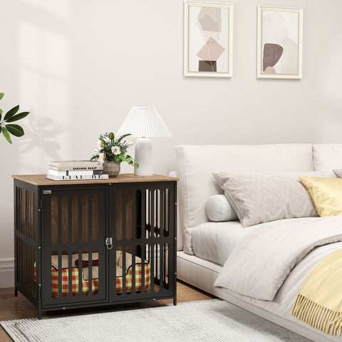 Pawhut dog crate two-in-one design with black metal and wood vertical slats and plaid cushion for medium dogs