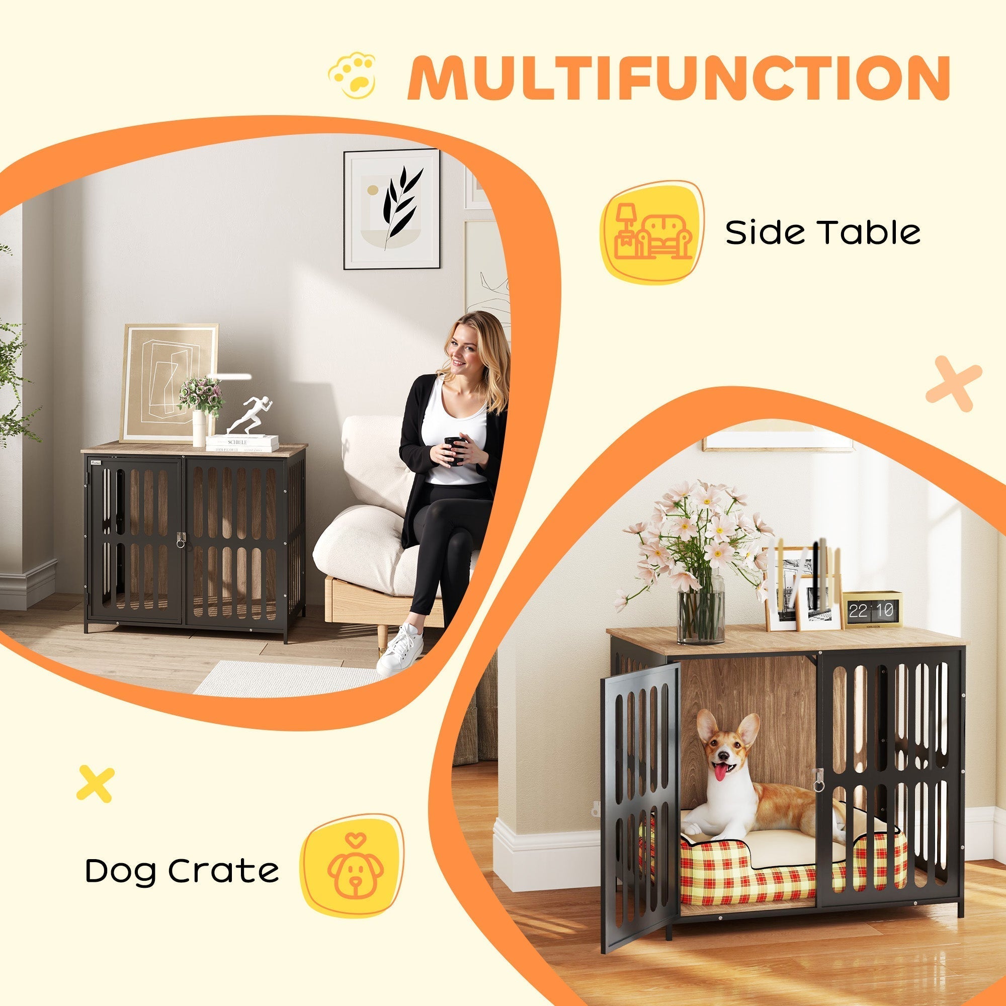 Black metal pawhut dog crate with wooden top two-in-one design and red white checkered cushioned interior for medium dogs
