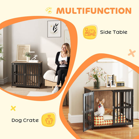 Black metal pawhut dog crate with wooden top two-in-one design and red white checkered cushioned interior for medium dogs