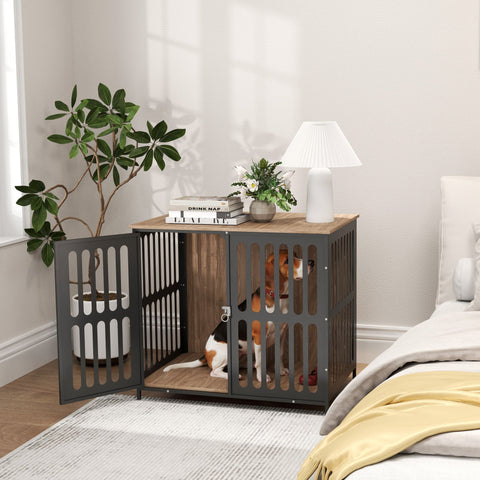 Dark gray metal pawhut dog crate with wooden top and floor two-in-one design anti-chew mesh for medium dogs