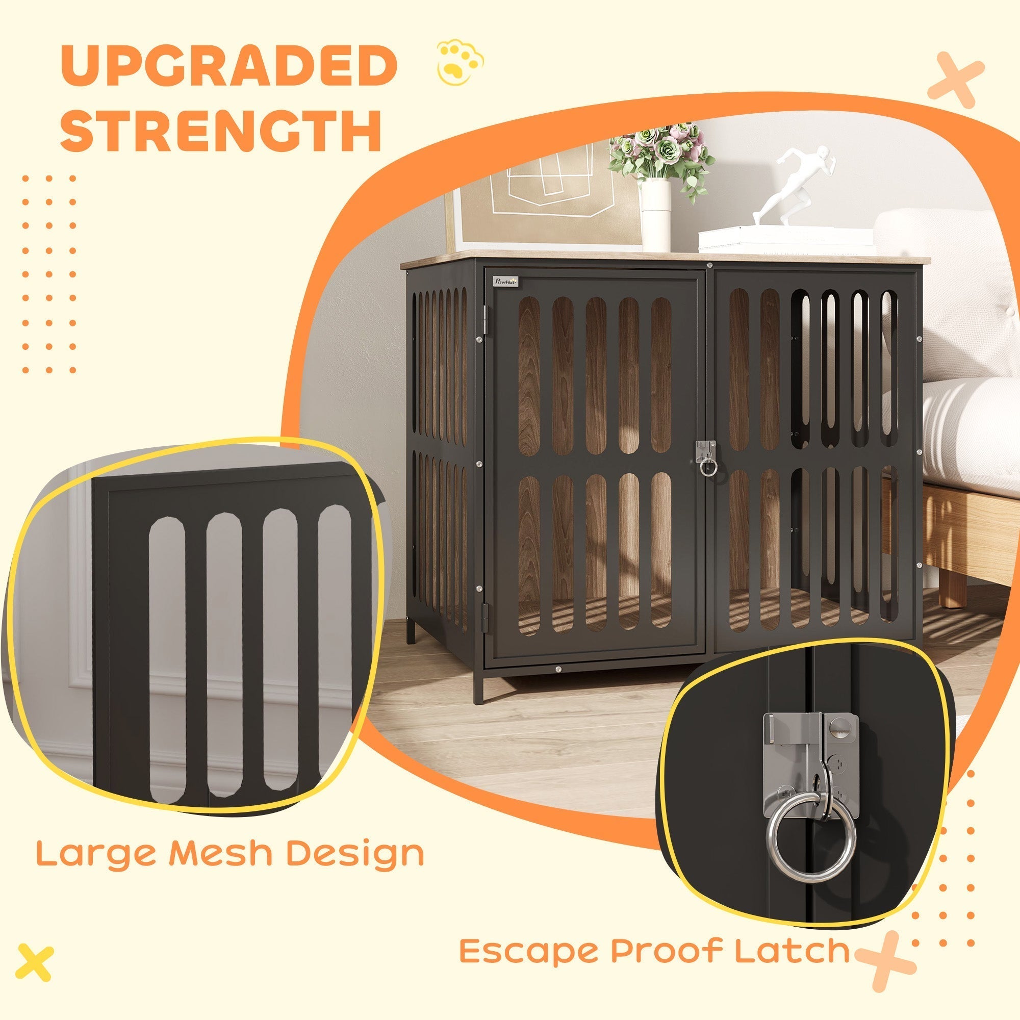 Black metal pawhut dog crate with vertical slats and secure latch featuring anti-chew mesh in two-in-one design