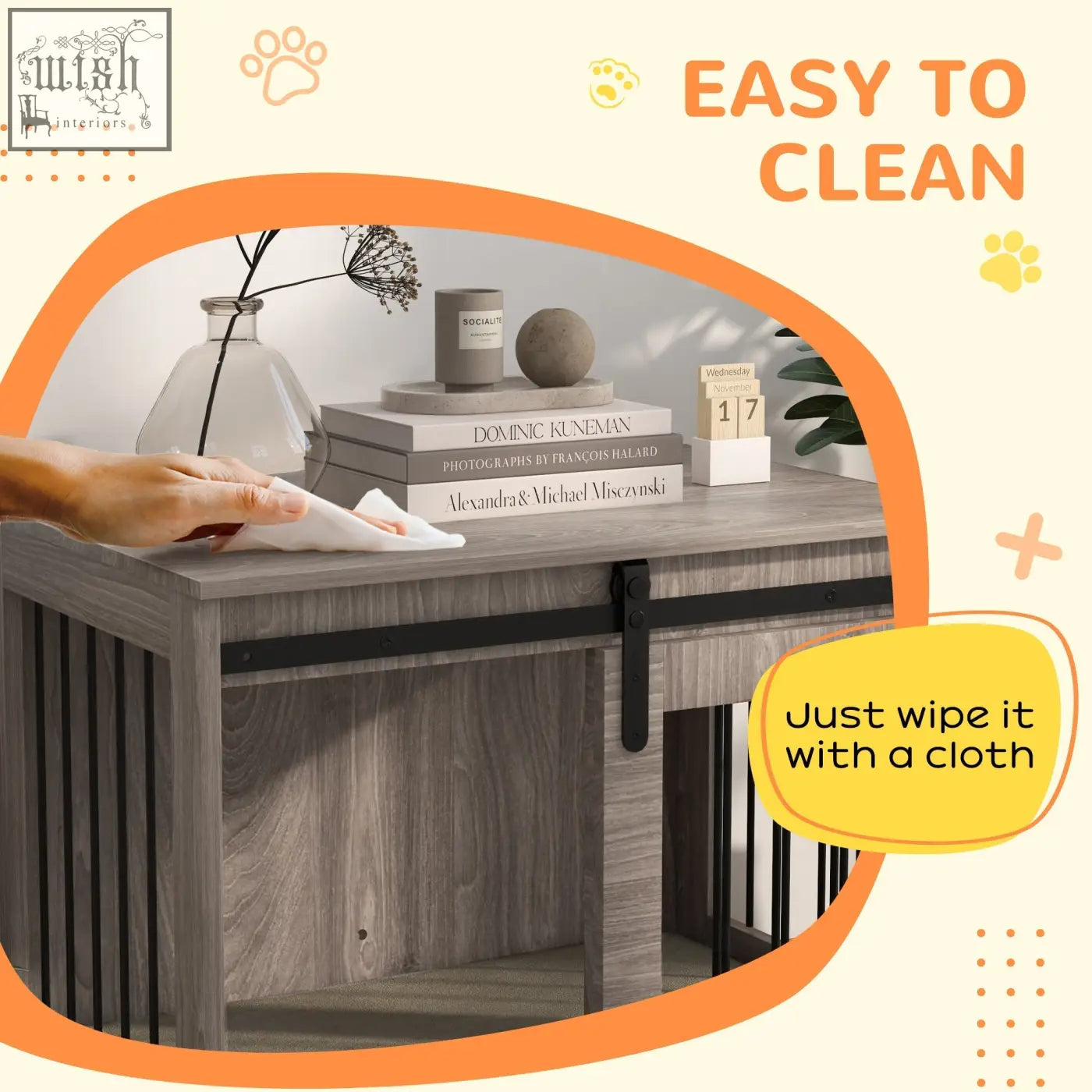 Pawhut dog crate furniture with gray wood-grain finish and black metal sliding barn door hardware for medium dogs