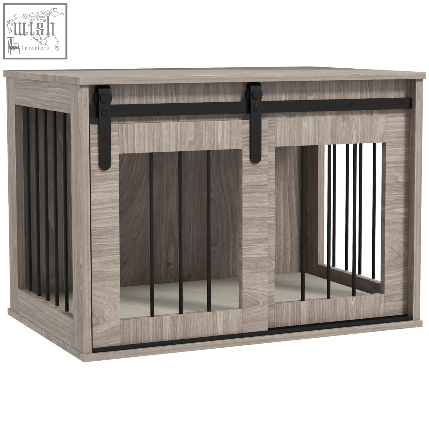 Gray wood grain pawhut dog crate furniture with black metal sliding barn door and removable cushion for medium dogs