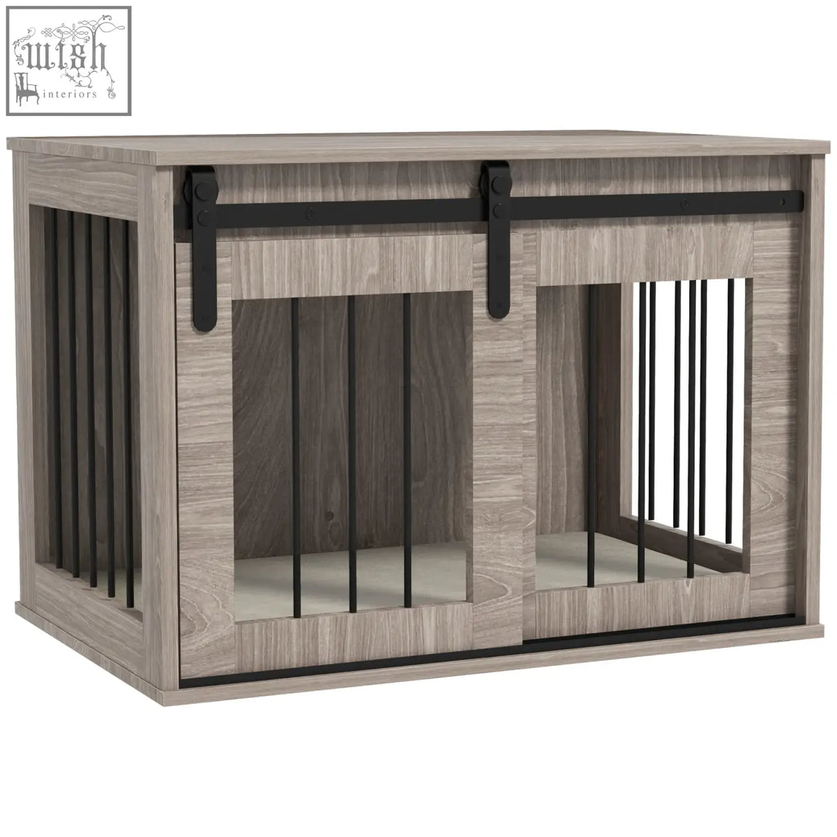 Gray wood grain pawhut dog crate furniture with black metal sliding barn door and removable cushion for medium dogs
