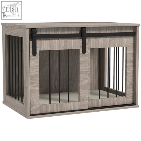 Gray wood grain pawhut dog crate furniture with black metal sliding barn door and removable cushion for medium dogs