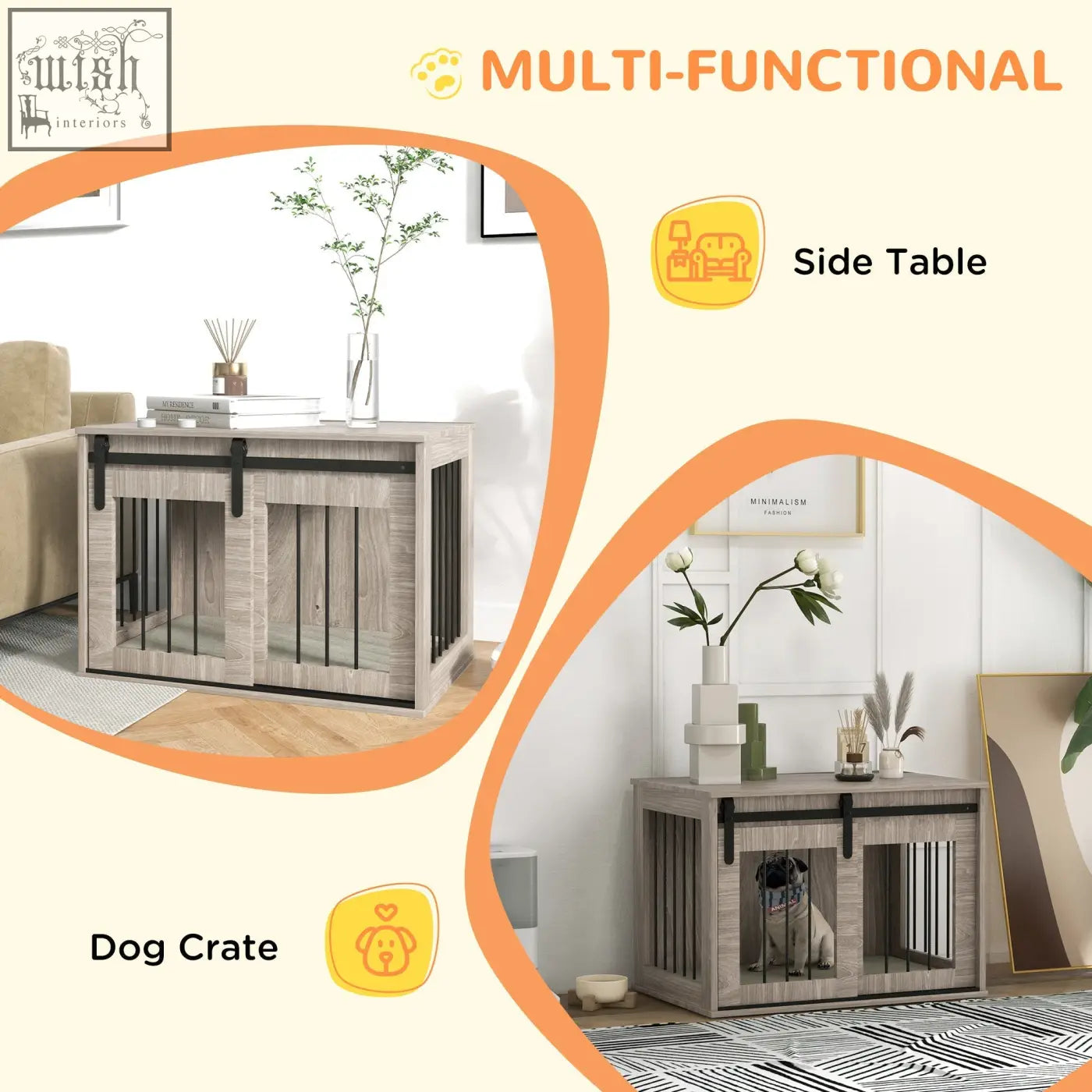 Gray wood-grain pawhut dog crate furniture with black metal hardware and sliding barn door for medium dogs brown