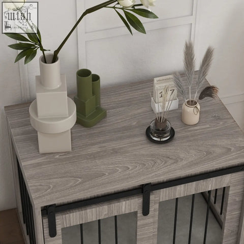 Gray wood grain pawhut dog crate furniture with black metal sliding barn doors and removable cushion for medium dogs