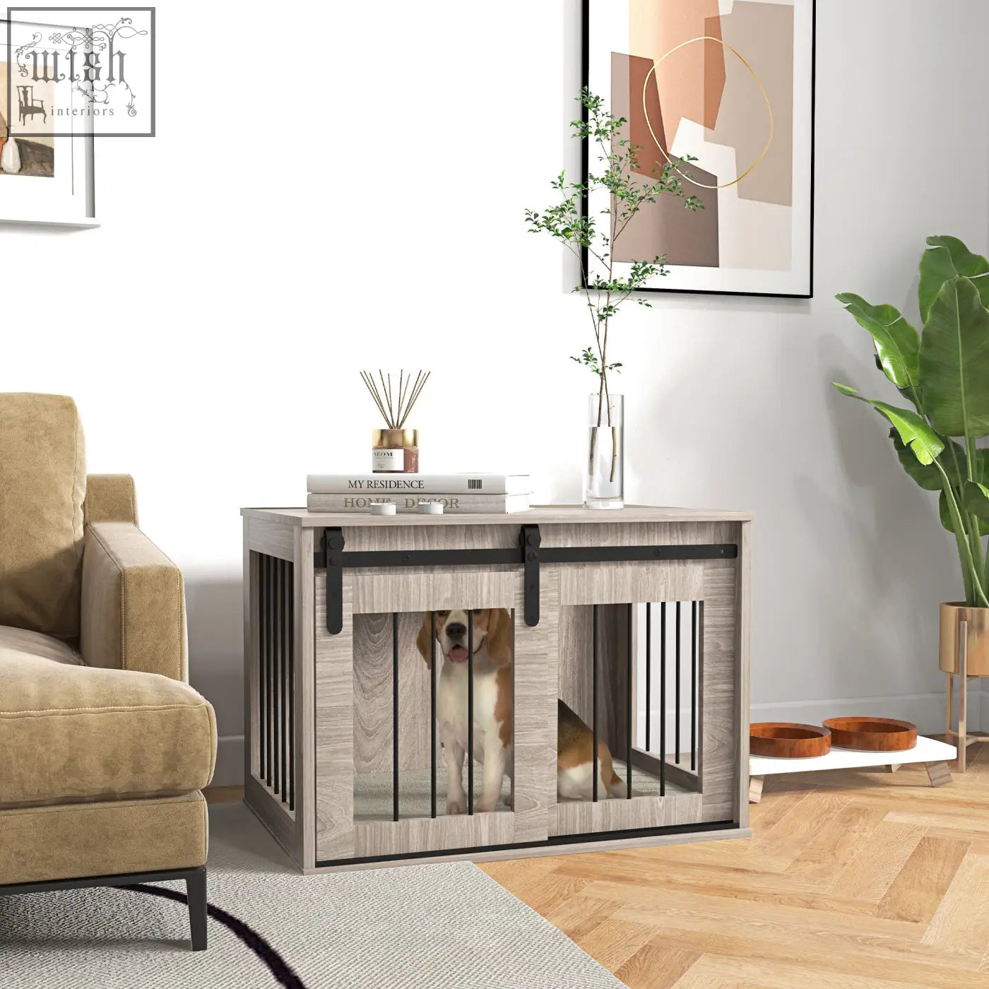 Gray wood-grain pawhut dog crate furniture with black sliding doors and cozy cushion with beagle inside