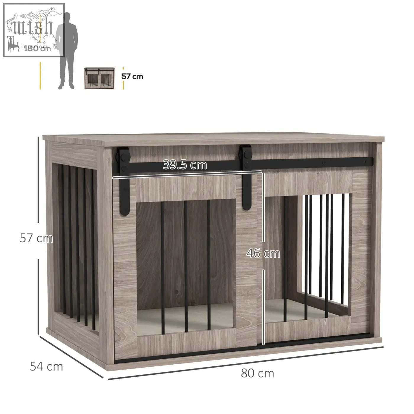 Gray wood grain pawhut dog crate furniture with black metal sliding barn door and vertical bars for medium dogs