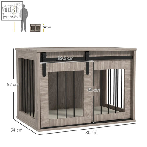 Gray wood grain pawhut dog crate furniture with black metal sliding barn door and vertical bars for medium dogs