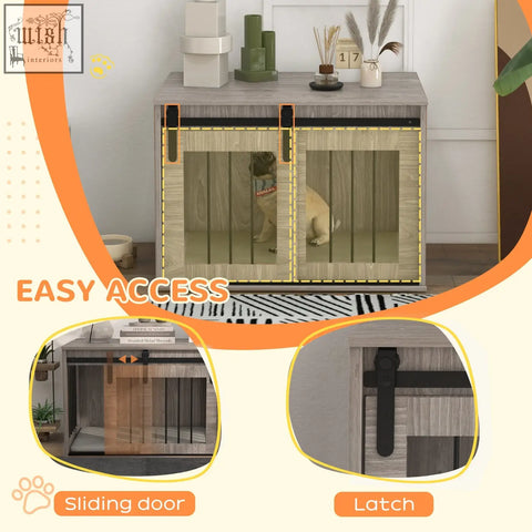 Gray wood-grain pawhut dog crate furniture with sliding doors black metal hardware and removable cushion for medium dogs