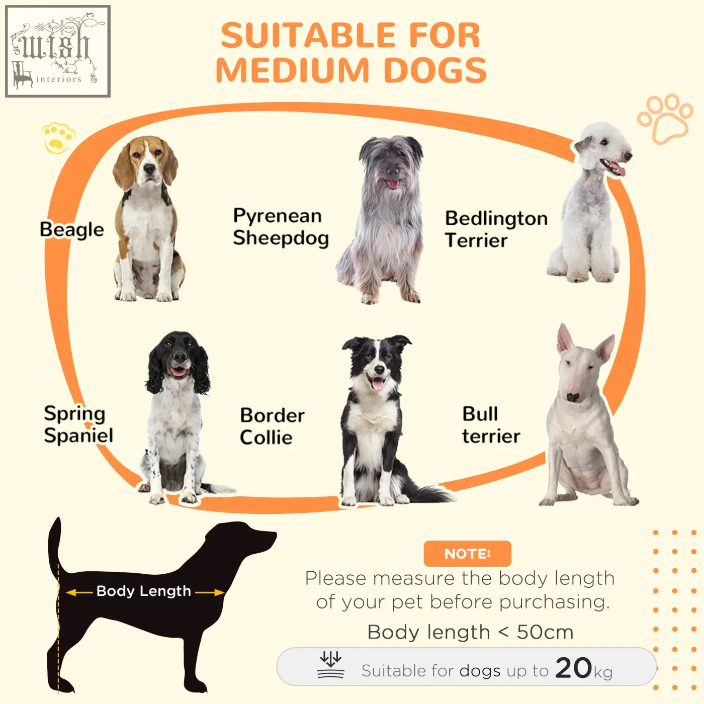 Pawhut dog crate furniture in brown designed for medium dogs under 50cm and 20kg with breed illustrations like beagle and border collie