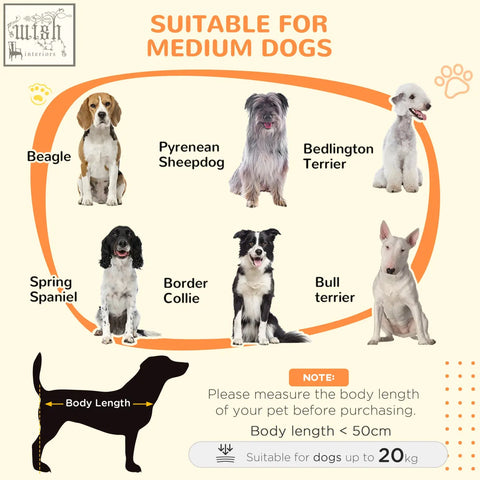 Pawhut dog crate furniture in brown designed for medium dogs under 50cm and 20kg with breed illustrations like beagle and border collie